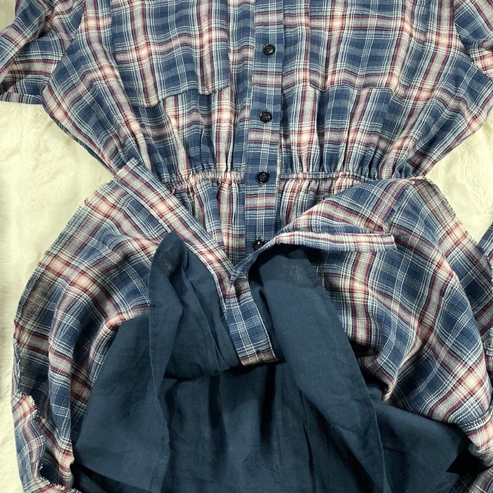 PINK LILY Plaid Elastic Waist Dress Button Down Long Sleeve Navy Red Blue - Picture 11 of 15